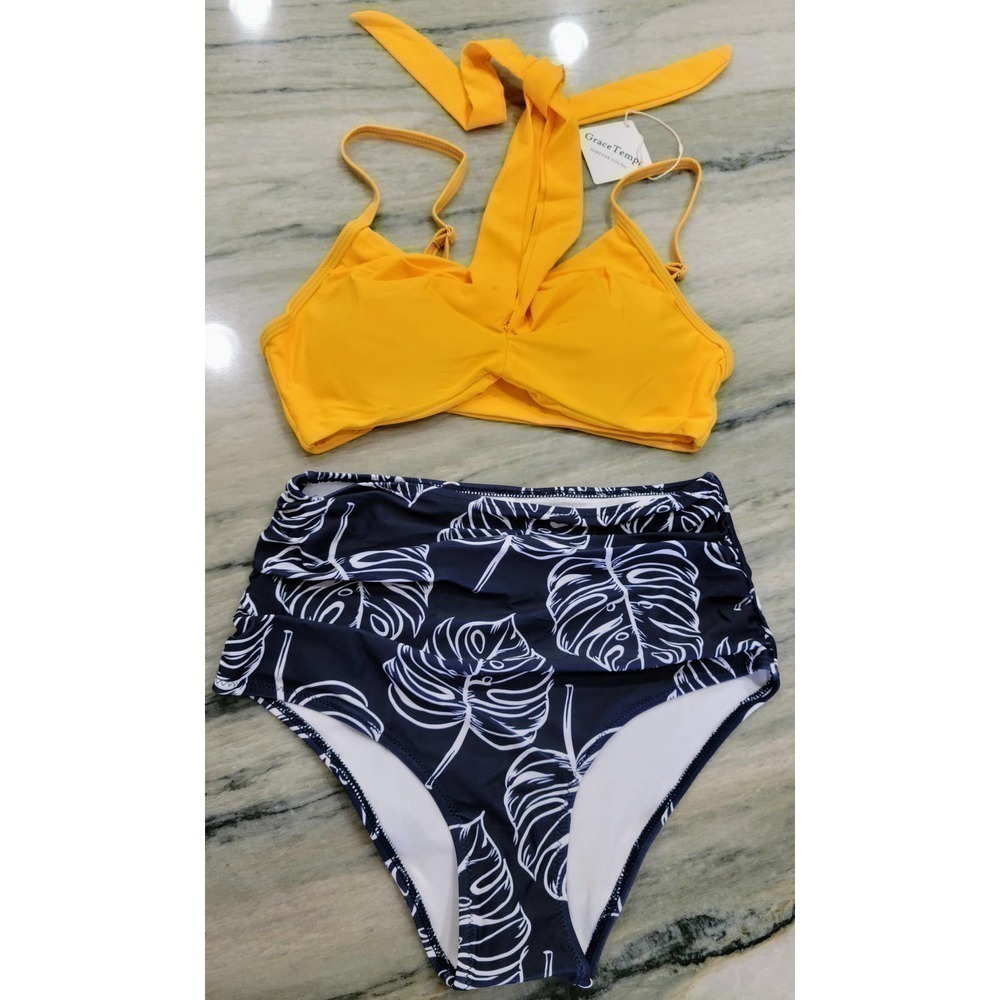 Grace Tempt Two Piece Bikini Small Yellow Navy Blue High Waisted
